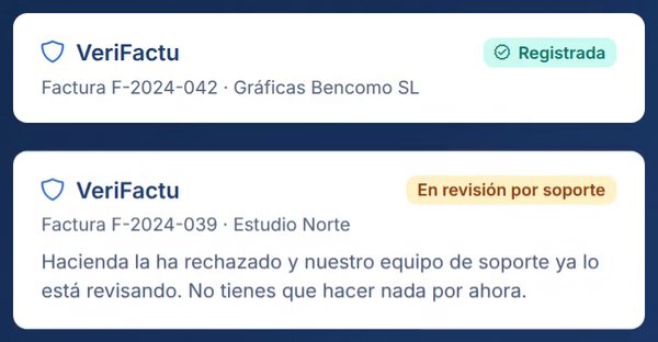 Avisos de Verifactu: factura registrada y factura en revisión por el equipo de soporte