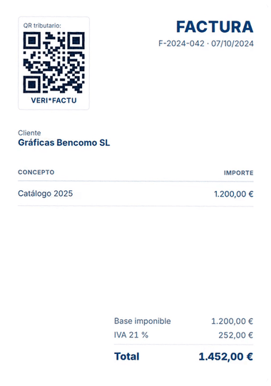 Factura en PDF con el código QR tributario y la leyenda VERI*FACTU