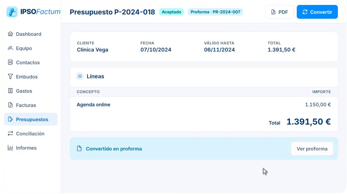 Presupuesto aceptado y convertido en proforma