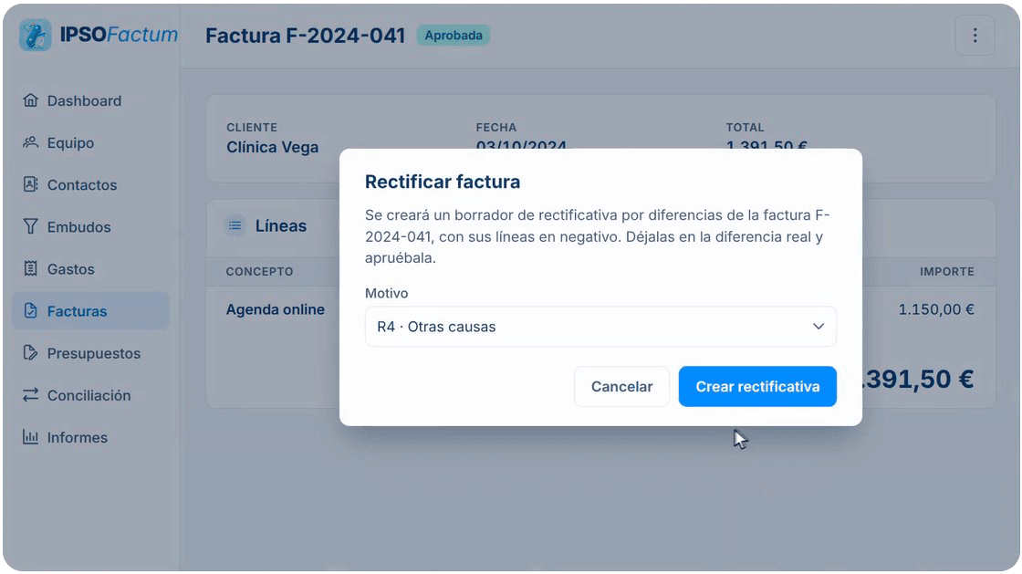 Ventana para crear una factura rectificativa eligiendo el motivo